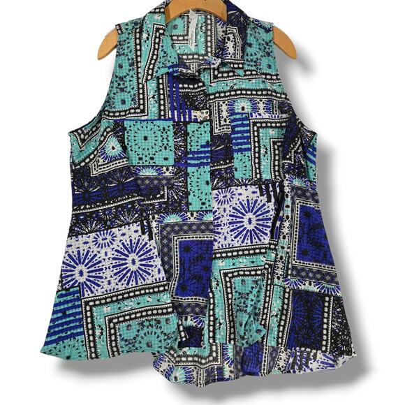 NY Collection Women’s Plus 2X Sleeveless Button Front Patchwork Print Blouse - Picture 3 of 7